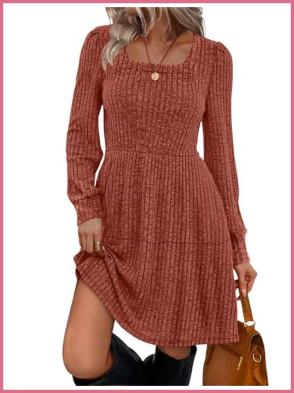 Square Neck Babydoll Sweater Dress Long Sleeve Casual Fall Tunic Dress